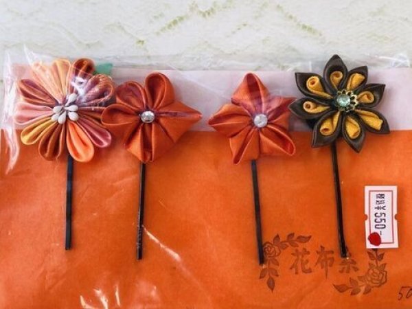 画像2: 巨頭ドール~等身大ドールサイズ つまみ細工『 橙色系4本セットアメピンタイプ 』 (2)