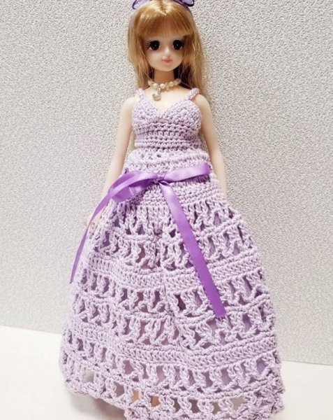 画像2: 花布糸様制作レース編み【 ラベンダー色のマキシ丈ドレス&カチューシャ】ジェニーちゃん等27cm相当size (2)