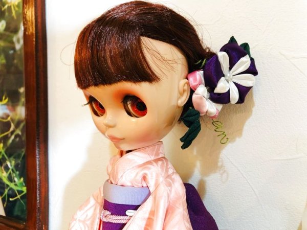 画像3: 花布糸様 作成 ドールサイズつまみ細工ヘアアクセサリー『 朝顔 ユーピンタイプ 』 (3)