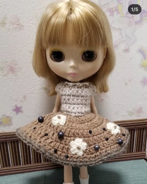 画像3: 花布糸様制作毛糸編み【 タピオカミルクティーワンピース&ハット　】リカちゃん相当size (3)