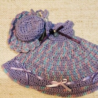 画像1: 【Sale】レース編み『紫色のワンピース&ワイヤー入りボンネット』リカちゃん相当size
