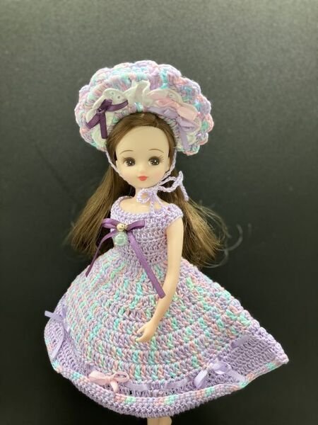 画像5: 【Sale】レース編み『紫色のワンピース&ワイヤー入りボンネット』リカちゃん相当size (5)