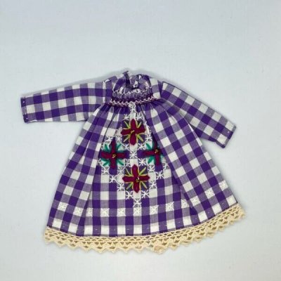 画像1: リカちゃん相当size【紫色チェックのスモッキング刺繍ワンピース】