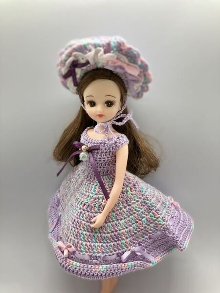 画像4: 【Sale】レース編み『紫色のワンピース&ワイヤー入りボンネット』リカちゃん相当size (4)