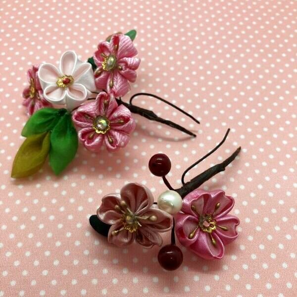 画像2: 巨頭ドールや等身大ドールサイズつまみ細工『 桜のつまみ細工Uピンタイプ2つセット 』ヘアアクセサリー (2)