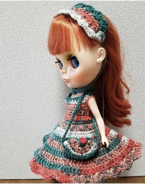 画像2: 花布糸様制作レース編み【 スイカワンピース&ヘッドドレス　】ネオブライスsizeプーリップsize (2)