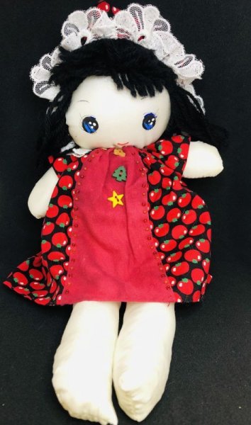 画像1: 文化人形『レトロなトマト模様のお洋服とお座布団セット』布製ドール (1)