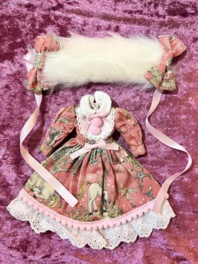 画像1: ネオブライスサイズ『ピンクユニコーン長袖ワンピースセット』ピンクロリィタワンピースとふわふわヘッドドレスのセット