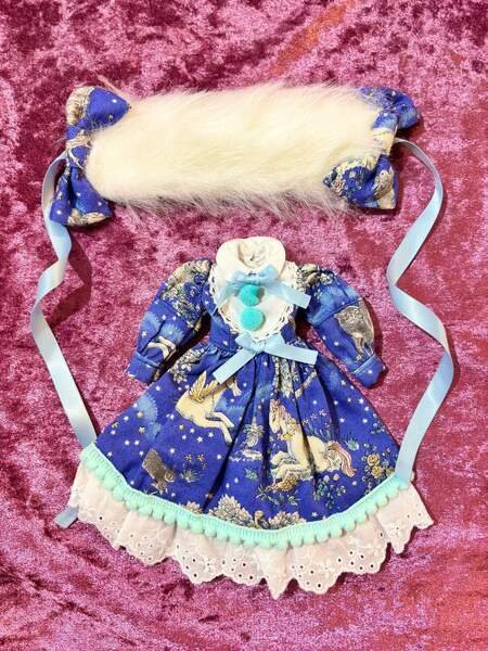 画像3: ネオブライスサイズ『ブルーユニコーン長袖ワンピースセット』ロリィタワンピースとふわふわヘッドドレスのセット (3)