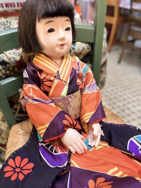 画像1: 大きな大正時代の市松人形『明仙のお着物』人毛　傷有　経年劣化有63cmアンティーク (1)