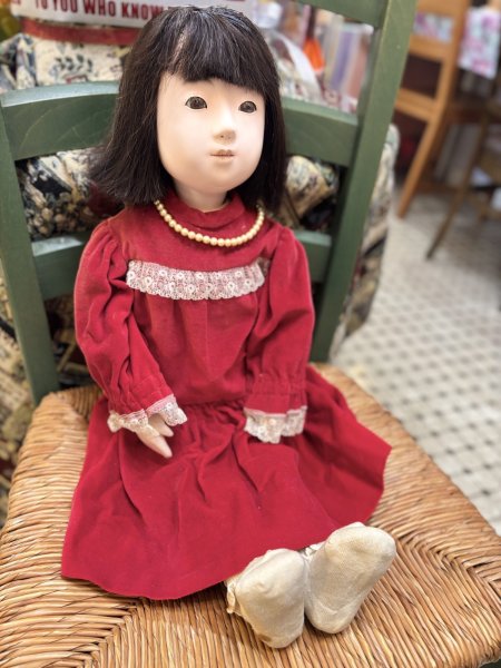 画像4: 昭和時代の市松人形『赤い別珍のワンピース』人毛　経年劣化有56cm (4)