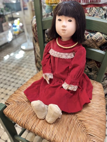 画像5: 昭和時代の市松人形『赤い別珍のワンピース』人毛　経年劣化有56cm (5)