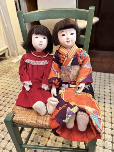 画像1: 大きな大正時代の市松人形『明仙のお着物』人毛　傷有　経年劣化有63cmアンティーク