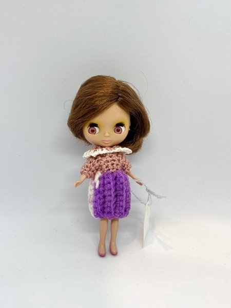 画像1: プチブライス相当size『パープル系ニットワンピース&ティペット』 (1)