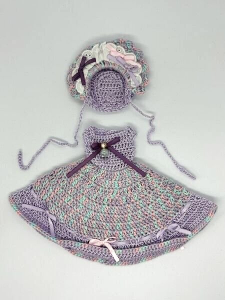 画像1: 【Sale】レース編み『紫色のワンピース&ワイヤー入りボンネット』リカちゃん相当size (1)