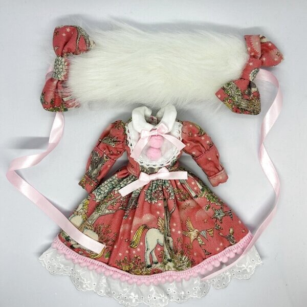 画像3: ネオブライスサイズ『ピンクユニコーン長袖ワンピースセット』ピンクロリィタワンピースとふわふわヘッドドレスのセット (3)