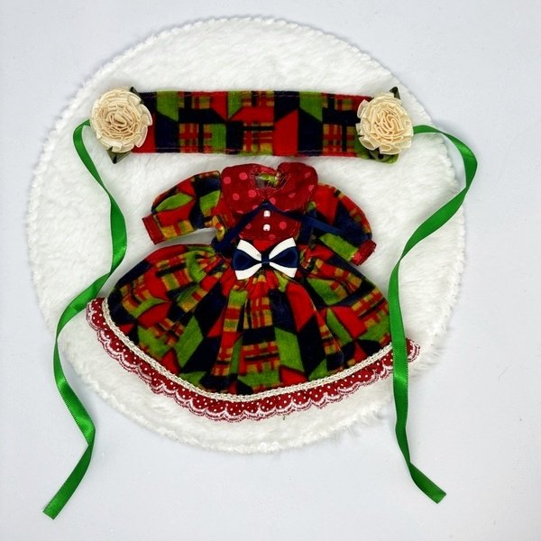 画像1: ミディブライス相当サイズ『赤緑ワンピースセット』ワンピースとヘッドドレスのセット (1)