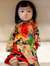 値下げ　古い市松人形　大き目５０ｃｍ位　花仙　ふいごは鳴きます 難有　縮緬着物 値下げ 古い市松人形 大き目50cm位 花仙 ふいごは鳴きます 難有