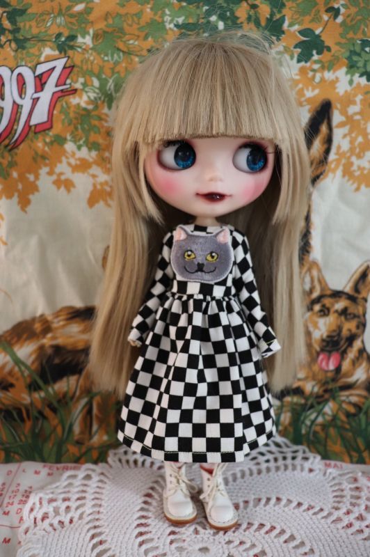 きなこ屋様制作 ブリティッシュねこワンピース タイツ付き ネオブライスsize N S Doll Cafe